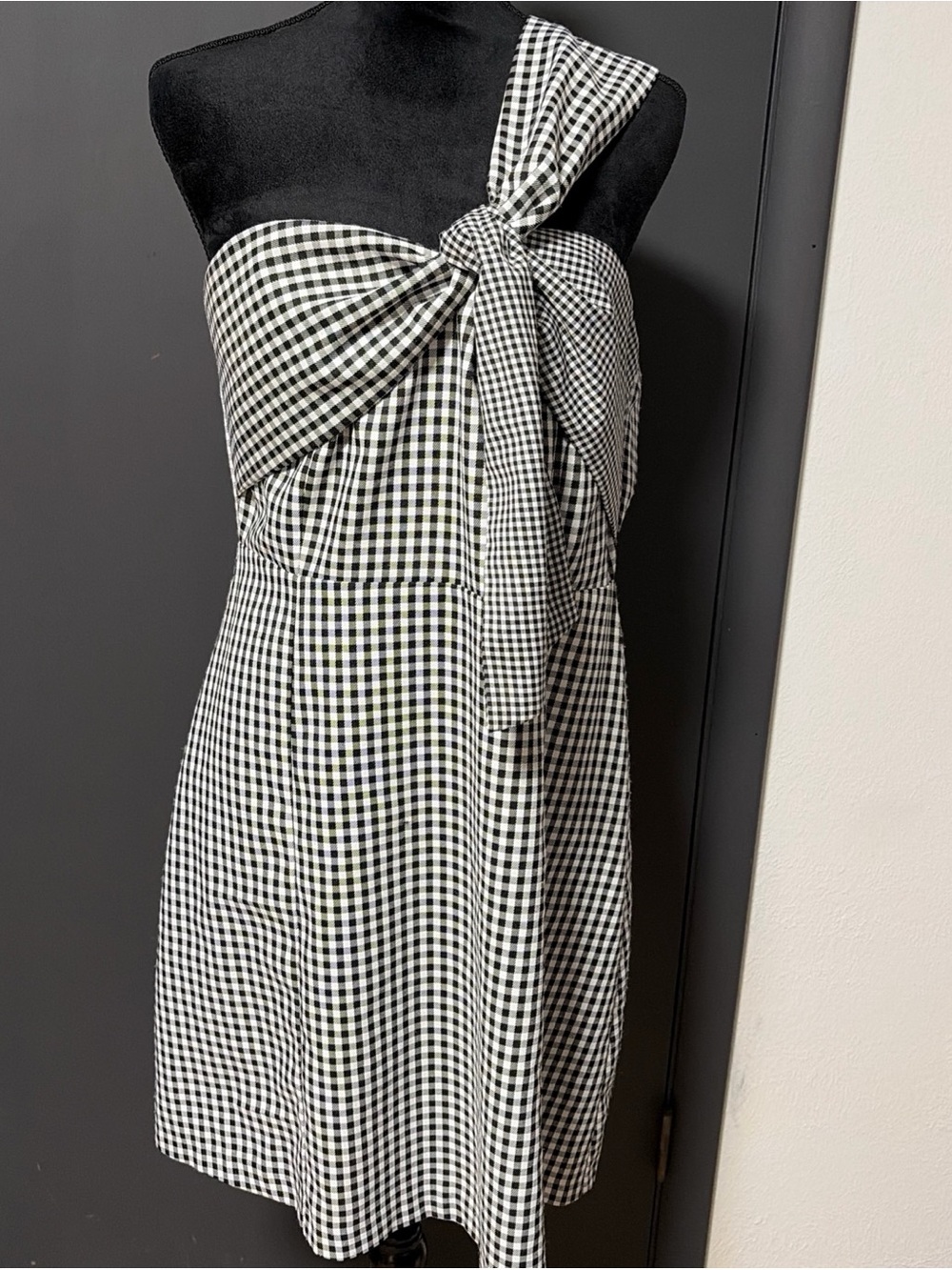 Sam Edelman Black & White Gingham One-Shoulder Tie Dress